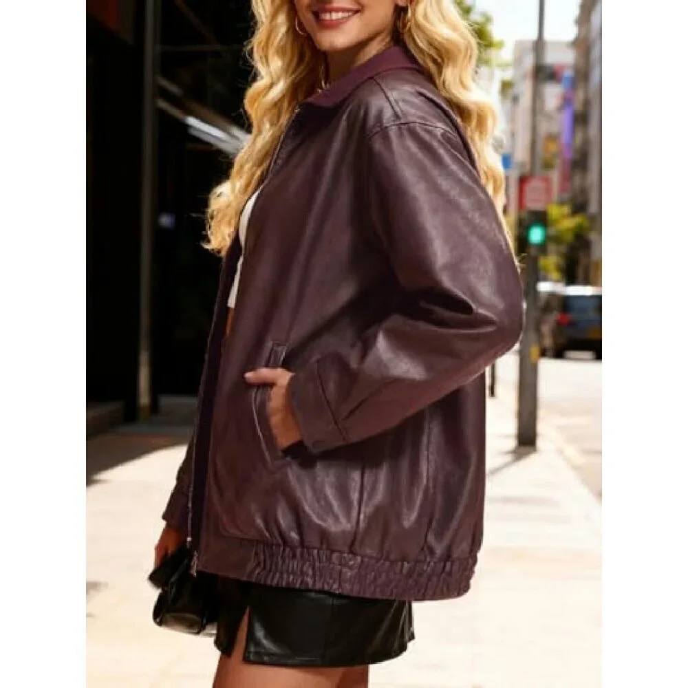 Oversized Faux Leather Motorcycle Jacket Women's Windproof Bomber